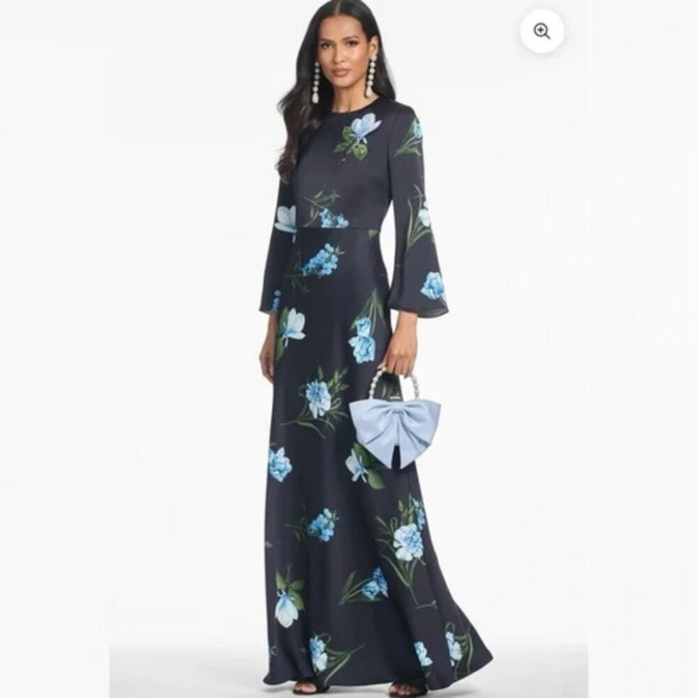 Sachin & Babi Alex Blue Sequin Floral Long Sleeve Satin Crepe Gown
